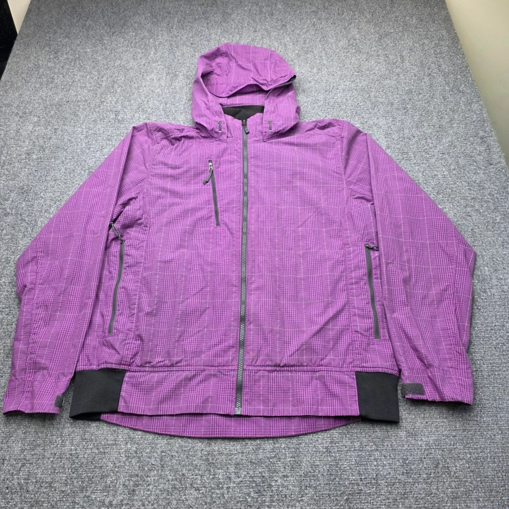 The North Face Mens Large L Purple Plaid Hooded Windbreaker Full Zip Jacket